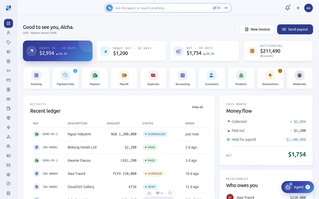 The WhileSmart Business dashboard with money in, money out, and recent ledger