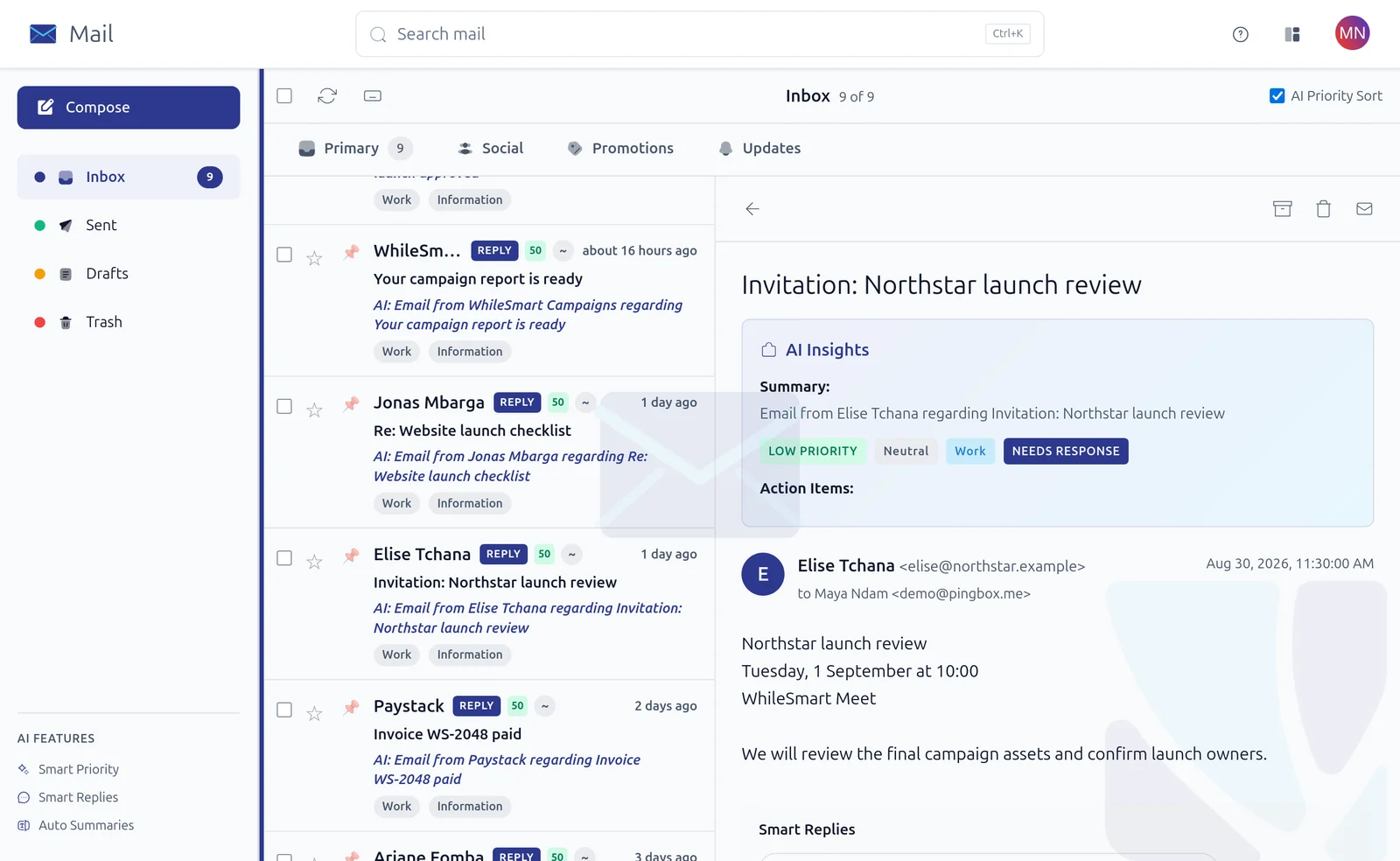 WhileSmart Mail with AI insights, priority sorting, and smart replies